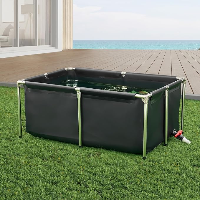 VEVOR Canvas Fish Pond, 126.8 Gal Above Ground Fish Pond, Foldable PVC Koi Tank, Rectangular Goldfish Tank with Stable Frame and Drain Valve, for Aquaculture, Koi Breeding, and Irrigation (Black)