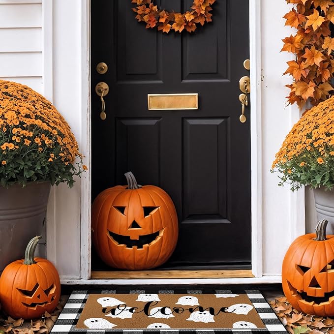 Tinideya 2 Pcs Halloween Door Mat White Ghost Welcome Non Slip Coir Mats Black White Buffalo Plaid Floor Layering Doormats Seasonal for Front Porch Entryway Decor(Plaid Ghost)