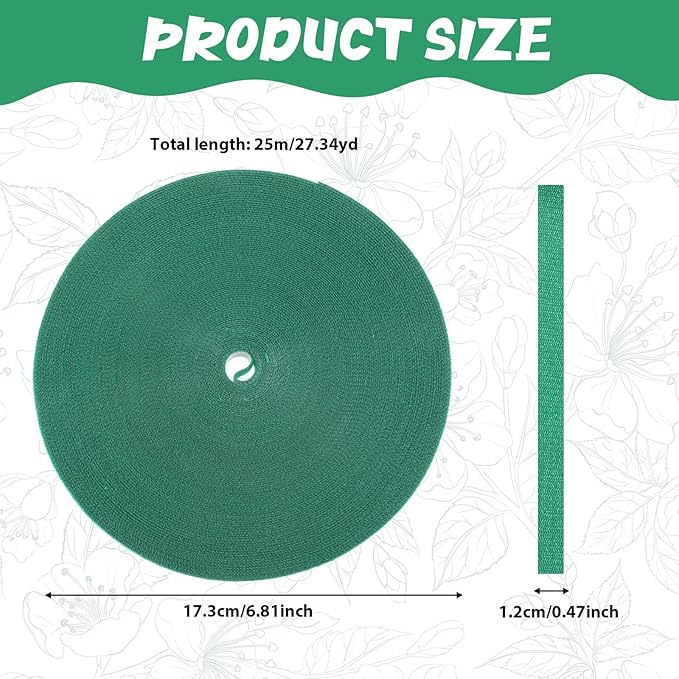 82ft Plant Tape, 1/2inch Reusable Garden Tie Green Tape Adjustable Nylon Plant Tie Strap Garden Twist Ties for Climbing Plants, Tomato, Flowers, Vines, Trees (75 Ft X 1/2 in)