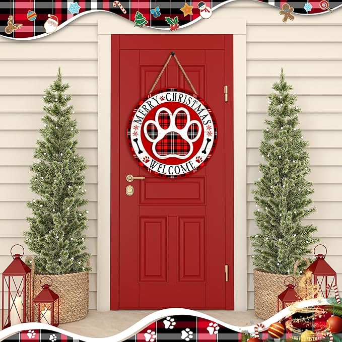 Christmas Dog Paw Welcome Door Sign for Front Door Decor, Pet Red Plaid Wooden Hanging Plaque Farmhouse Rustic Outdoor Indoor Wall Decoration for Home Porch Yard Winter