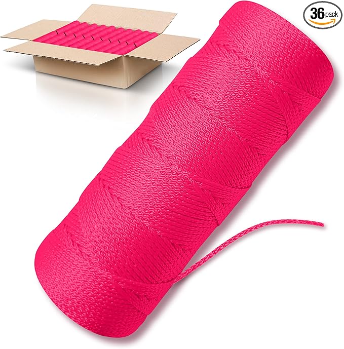 Pink Mason Line String Line - 36 Roll Pack - #18 Braided Nylon String - 1000 Ft Length Per Roll - Nylon Twine for Gardening Or Masonry Tools - Perfect Construction String for A String Level
