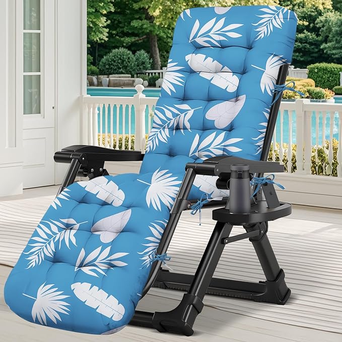 Outdoor Chaise Lounge Chair Cushion Waterproof 66 x 21 x 4 Inches Cotton Lounge Chair Cushions with Ties, Soft Thickened Lounge Chair Cushions for Indoor Outdoor Furniture (Blue Leaves)