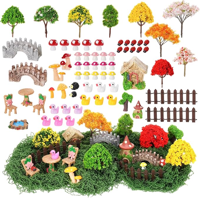 68 Pcs Fairy Garden Accessories Mini Resin Animals Figures Miniature Ducks Mushroom Ladybug Table and Chairs Bridge Pond Fence Moss Bonsai Landscape Ornaments Kit for Garden DIY Craft