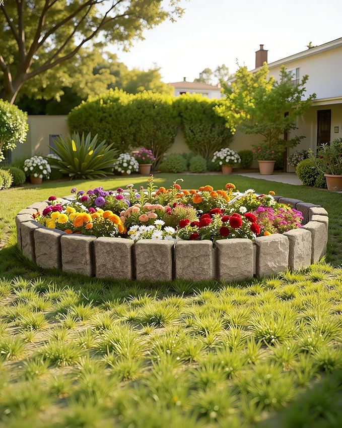 VEVOR Faux Stone Landscape Edging, No Dig Garden Edging Border, Flexible Blocks for Lawn Edging, Flower Beds, Driveway, Yards with 12 Spikes, 4 Pack 24 Bricks 16FT Kit, 47.2" Lx 4" W x 9" H, Beige