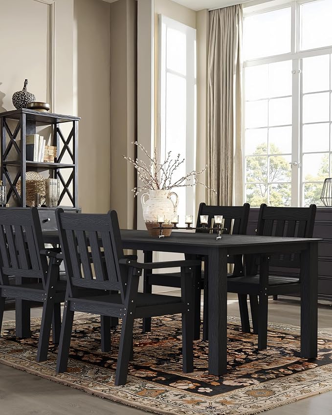 YEFU HIPS Patio Table Set: 5 Piece Outdoor Table and Chairs Dining Furniture Set with Umbrella Hole - Black Modern Plastic Dining Sets 4 Person for Outside Deck with Metal Aluminum Frame