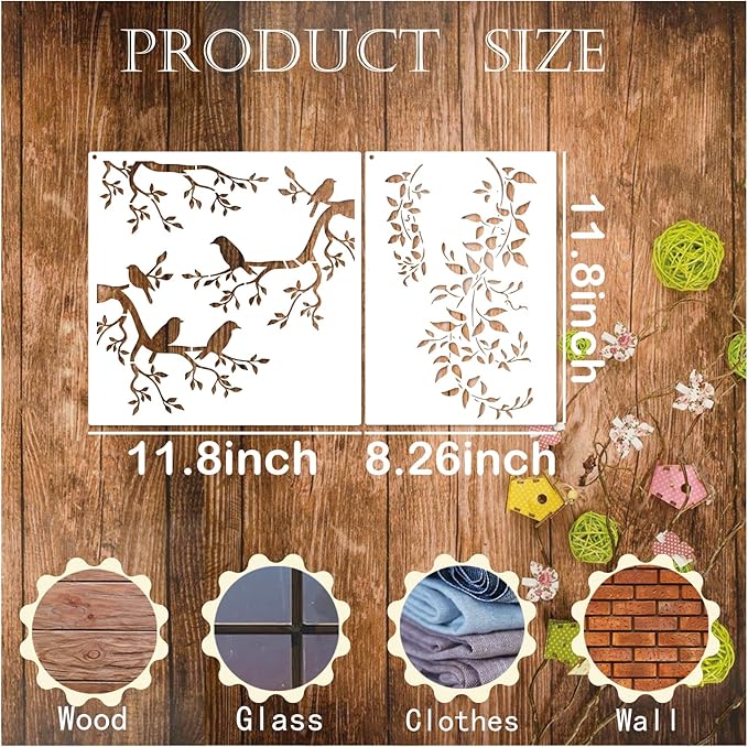 Tree Leaf Vine Stencils for Painting on Wood, Large Bird Branches Stencils for Crafts Reusable Wood Burning Drawing Art Paint Stencil and Patterns for Wall Furniture Canvas (Tree)