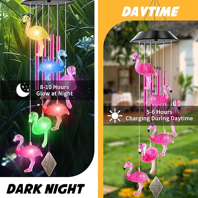 Solar Powered Flamingo Wind Chimes with 4 Music Aluminum Tubes, Flamingo Wind Chimes for Outside,Best Gifts for Mom Grandma Women Wife Aunt Sister, Unique Mobile Wind Chime, Garden Yard Decor