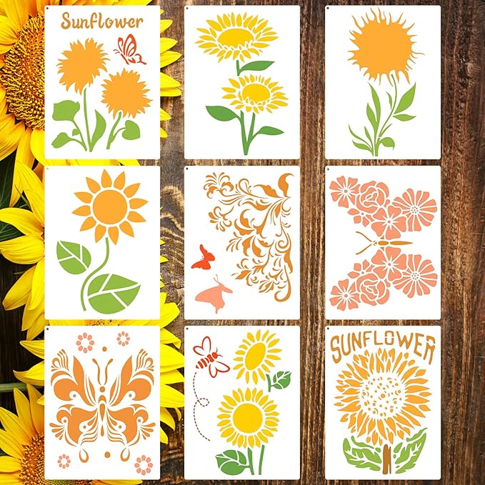 9PCS Sunflower Butterflies Stencils, Reusable PET Sun Flower Template, DIY Craft Paint Stencil with Metal Open Ring, for Painting on Wood Canvas Paper Fabric Wall Furniture, 8x11 Inches