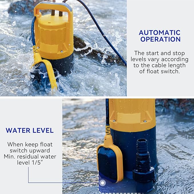 Acquaer Sump Pump Submersible Water Pump for Water Removal in Hot Tubs, Pools, Basements, and Garden Ponds, 1HP 4345GPH Float Switch