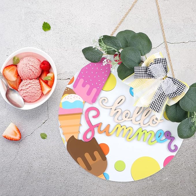 CHDITB 3D Hello Summer Wreath Wooden Sign, Ice Cream Themed Wooden Hanging Plaque, Welcome Summer Door Hanger, Colorful Popsicle Round Wall Art Sign Hanger for Front Porch Yard Garden Backyard Decor