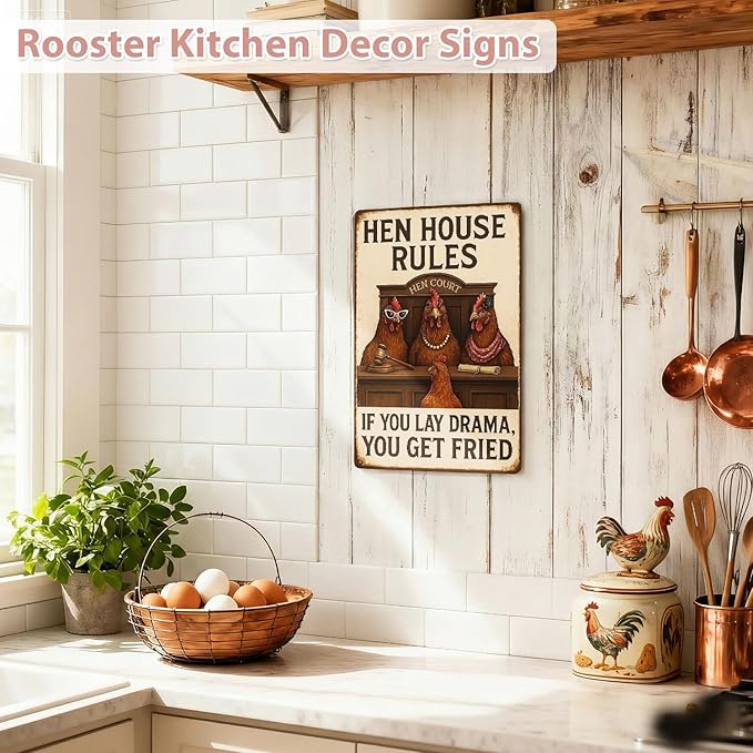 MAMAGIFTREE Chicken Coop/Kitchen Metal Sign Funny Christmas Gifts, “Hen House Rules - If You Lay Drama You Get Fried”, 8x12 Inches Vintage Tin Sign, Farmhouse Wall Decor, Gifts for Chicken Lovers