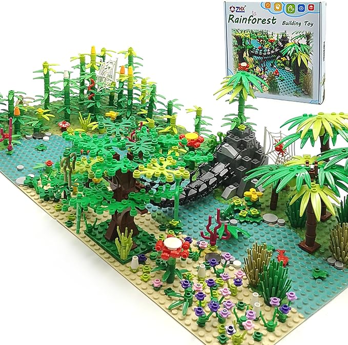 ZHX Rainforest Jungle Bridge Building Block Toys with 2pcs Baseplates(10x10 inches Each) Garden Bricks Accessories Bush Flowers Animals Coconut Trees for Classic Brick Block Toys