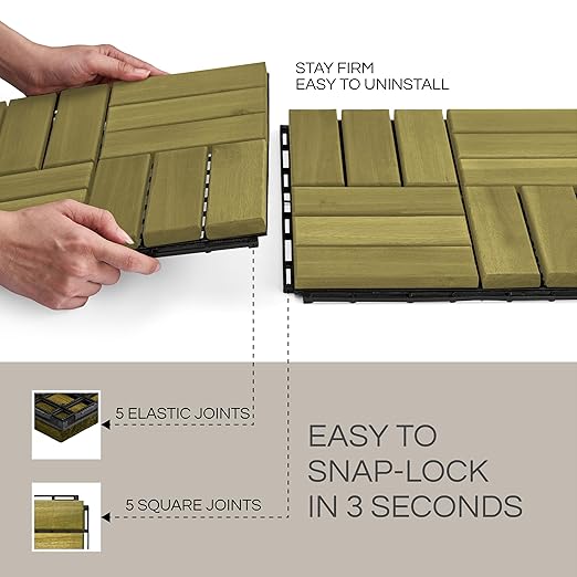 10 Pcs Deck Tiles, Patio Flooring - Outdoor Waterproof Acacia Wood Tiles for All Weather Use - Balcony, Backyard, Indoor & Outdoor (SweetGrass, 10 Square Ft)