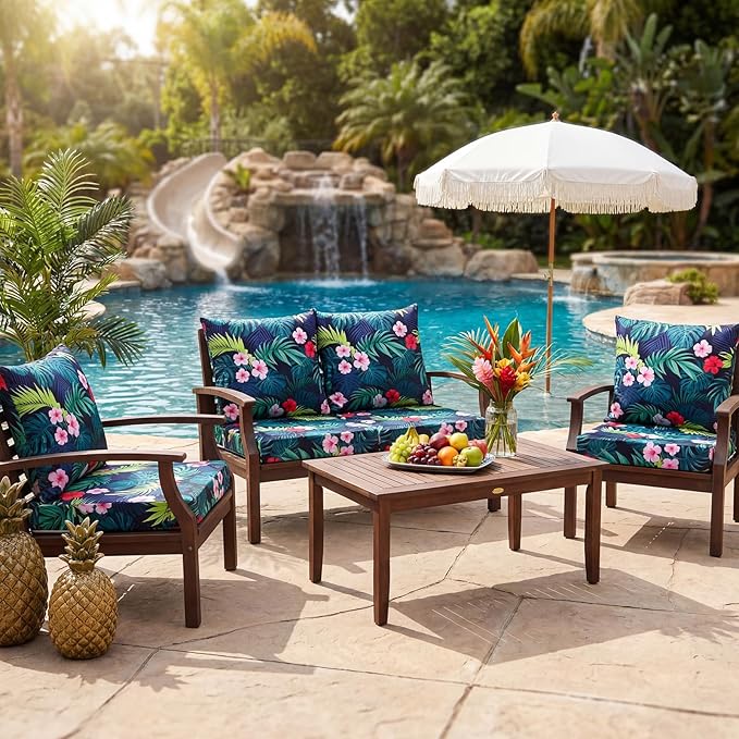 Hoteam 4 Set Outdoor Chair Patio Cushions Deep Seat Waterproof Chair Cushions 20 x 20 Inch for Patio Furniture Set Replacement Removable Seat and Back(Tropical Plant)