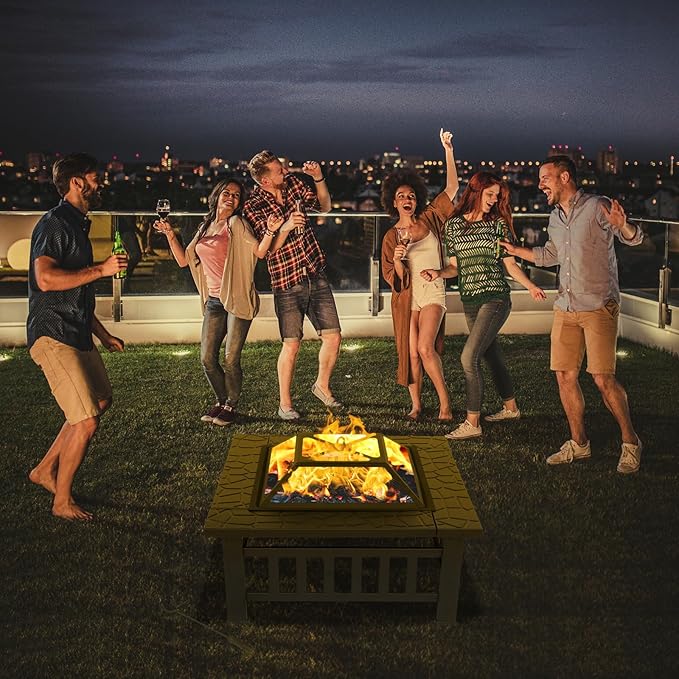 VINGLI 32in Wood Fire Pit with Mesh Lid and Fire Poker, Portable Outdoor Fireplace Burning FirePit for Chrismas Backyard Patio Outside Picnic BBQ Party