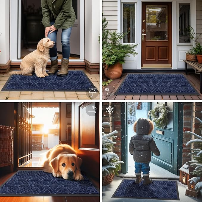 Smiry Front Door Mat Outside Entrance, Heavy Duty Sturdy Natural Rubber Doormat, Trap Dirt and Moisture, Easy Clean Low Profile Mats for Indoor Outdoor Entry, Grid Geometric (59x34, Navy Blue)