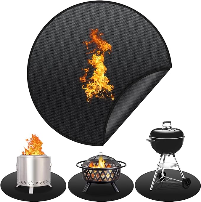 48'' Fire Pit Mat for Solo Stove Bonfire, Round Fireproof Under Grill Mat, Oil-Proof Waterproof BBQ Pad for Deck Patio Grass Outdoor Grill Accessories, Portable and Reusable, Glossy Black