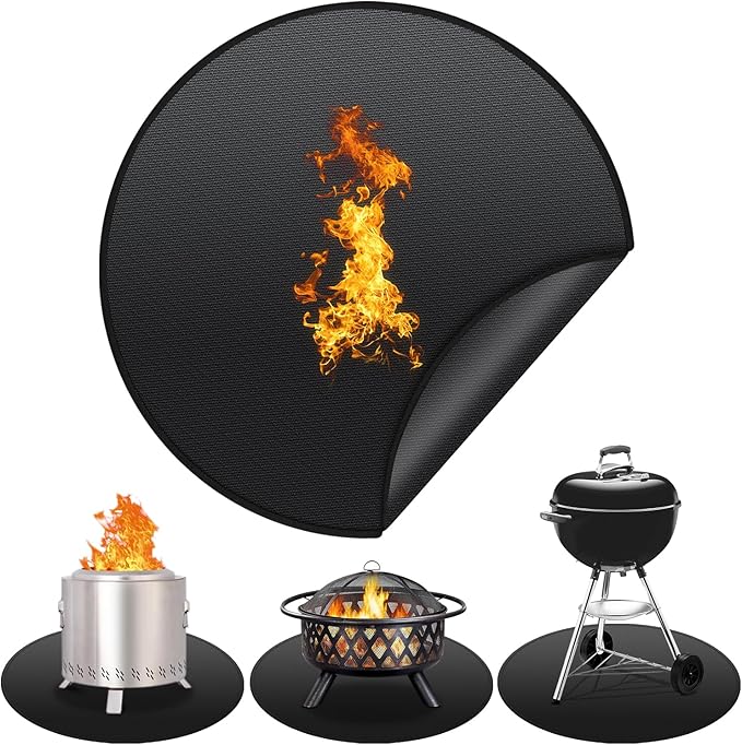 36'' Fire Pit Mat for Solo Stove Bonfire, Round Fireproof Under Grill Mat, Oil-Proof Waterproof BBQ Pad for Deck Patio Grass Outdoor Grill Accessories, Portable and Reusable, Glossy Black