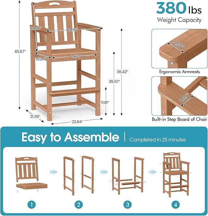Ciokea Set of 2 Outdoor Tall Bar Chairs, 27" Bar Height Patio Stools with Arms & High Back, Heavy Duty All-Weather Adirondack Tall Chairs for Balcony, Poolside, Deck and Garden, Teak