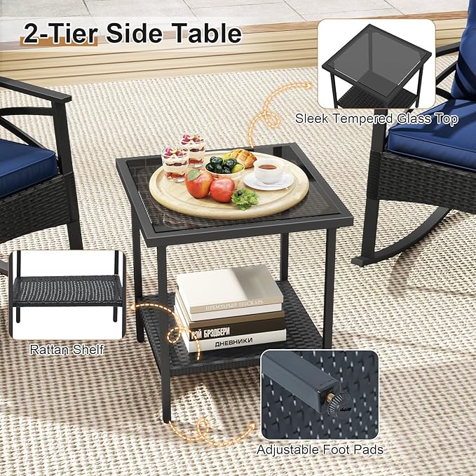 Tangkula 3 Pieces Outdoor Rocking Chairs Set, Rattan Heavy Duty Cushioned Rocker Chairs with 2-Tier Tempered Glass Coffee Table, for Garden, Balcony, Backyard (Black+Navy)