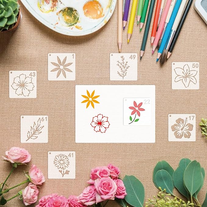 70pcs Small Flower Stencils for Painting on Wood Tiny Nature Leaf Stencils and Patterns Leaves Vine Stencil Floral Template Paint Stencils on Art Craft Canvas Wall Fabric Rock (70 Flower)