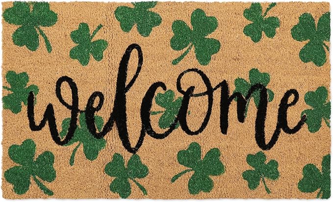 Whaline St. Patrick' s Day Doormat Natural Coir Welcome Floor Mat Green Shamrock Clover Rectangle Entrance Door Rug for Indoor Outdoor Home Bathroom Decor, 16.5 x 29 Inch