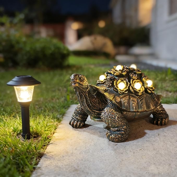 Outdoor Solar Turtle Decor - Resin Succulent Planter with Waterproof LED Shell, Unique Garden Gift for Plant Lovers for Patio, Balcony, Yard Ornament