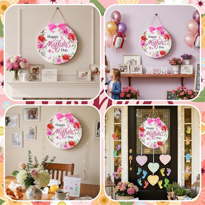 Boao Happy Mother's Day Wooden Door Hanging Sign Pink Welcome Farmhouse Door Decor Vintage Mother's Day Wood Rose Bow Gift Sign Rustic Wall Plaque Ornaments for Window Wall Porch