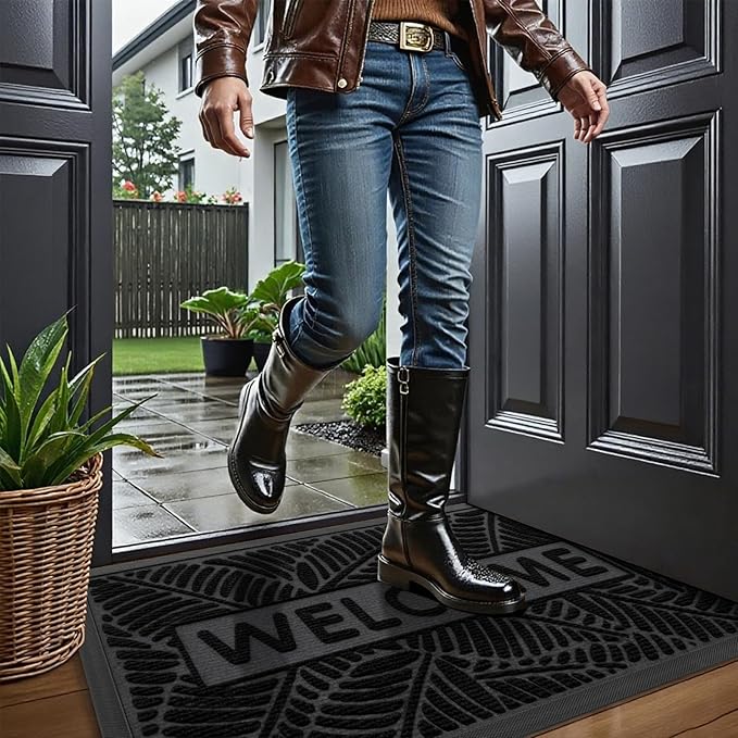Smiry Welcome Mat Indoor Outdoor, All-Season Waterproof Front Door Mat, Sturdy Natural Rubber Doormat, Non-Slip, Easy Clean, Low Profile Dirt Trapper for Porch Patio Entrance, 59x34, Black