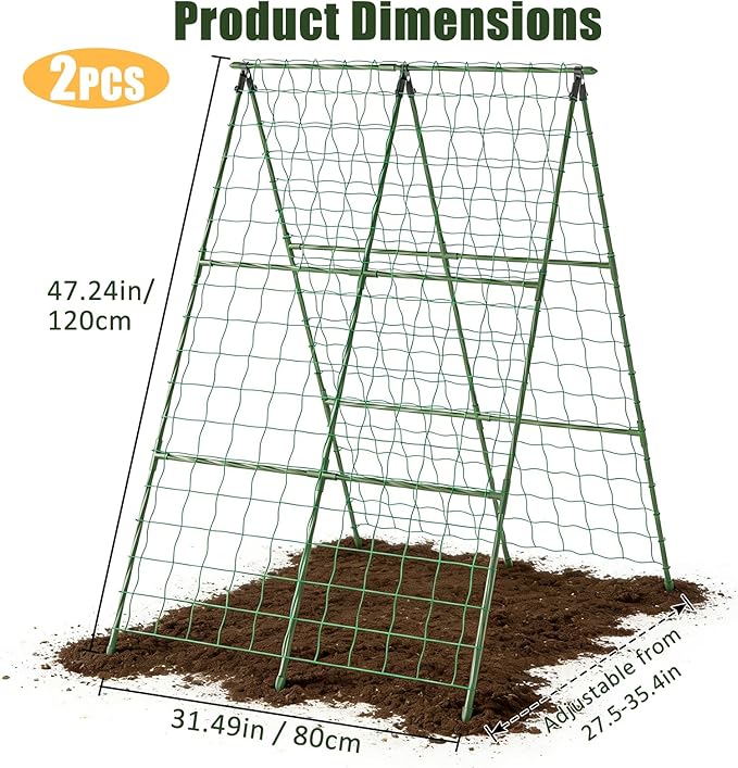 Miory Cucumber Trellis for Raised Beds, 2 Pack 32 x 48 Inch Metal A-Frame Garden Trellis, Connectable to 63 Inch Length, Climbing Plant Support with Netting for Cucumber Tomato Bean Pea