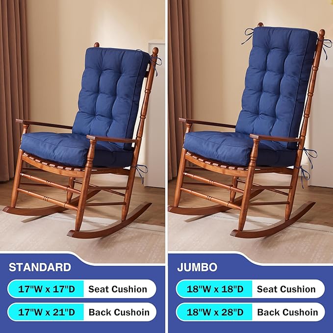 Rocking Chair Cushion, Waterproof and Fade-Resistant Patio Chair Cushions, Tufted Chair Pads for Rocker Furniture, 17x17 Inch, Indoor/Outdoor Seat Cushions with Ties, Navy Blue