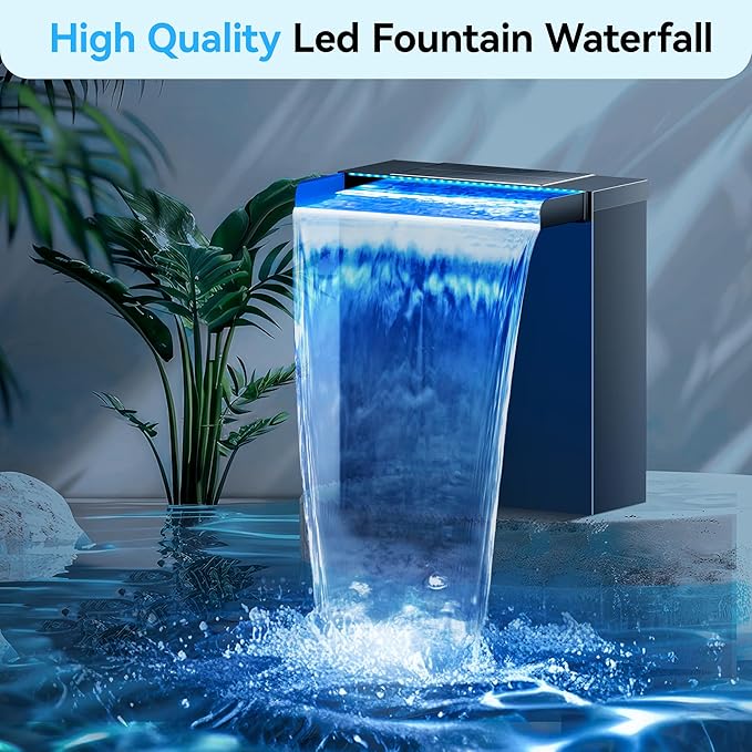 POPOSOAP Pond Waterfall Spillway with LED Lights, 304 Stainless Steel Waterfall with Filtration & 9.8FT Corrugated Tubing, 660GPH Pond Pump Fountain Kit for Outdoor Garden Pond,13.4" H x 12"W-P43HD