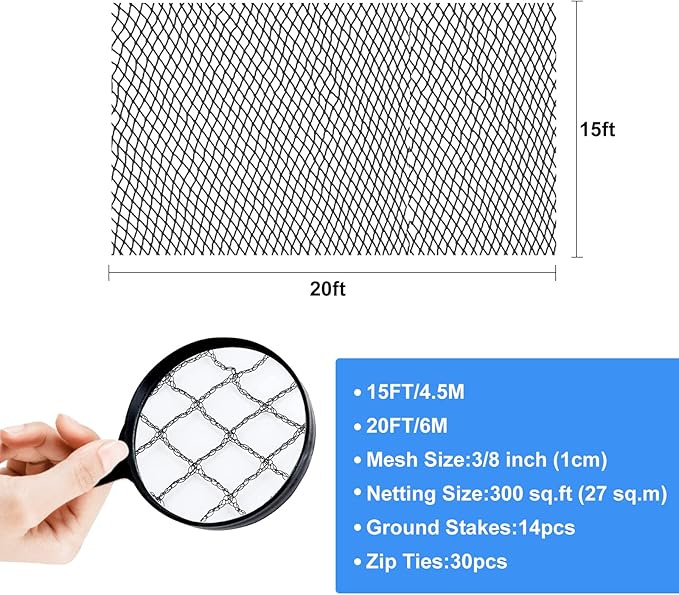 Pond Netting, 15 x 20FT Heavy Duty Pond Net for Koi Ponds, Garden Pool Fine Mesh Netting Kit for Leaves, Protects Koi Fish from Birds Cats Predators, with 14 Stakes and 30 Cable Zip Ties