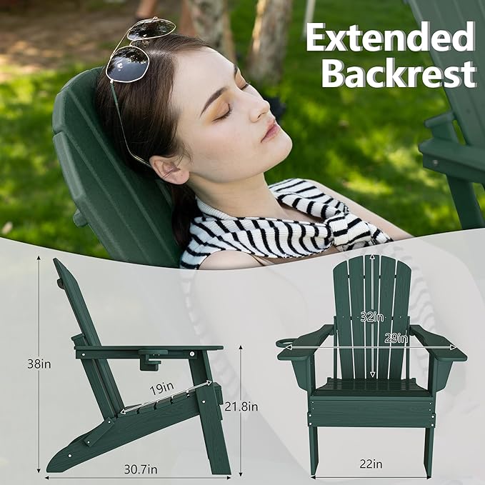 Plawdlik Folding Adirondack Chair Set of 6 with Cup Holder，Wooden Textured ，Heavy All-Weather HDPE Comfortable Set Poolside Backyard Lawn, Green