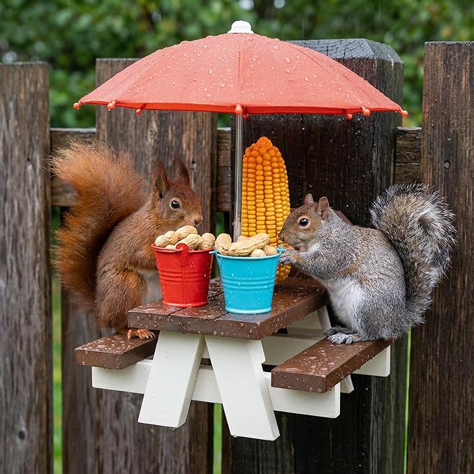 Large Squirrel Feeder, Squirrel Feeder for Outside, Large Squirrel Picnic Table Feeder with Umbrella and Corn Cobs for Squirrels, Cute Chipmunk Feeder for Your Family Member…