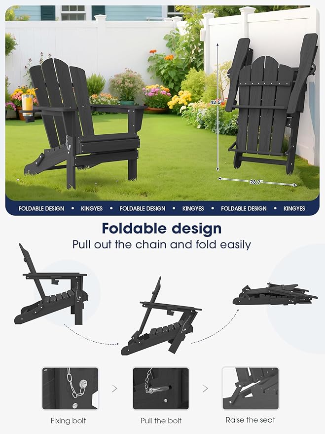 KINGYES Folding Adirondack Chair, HDPE All-Weather Patio Chairs with Cup Holder, Wooden Textured Fire Pit Chairs for Poolside, Backyard, Deck, Grey