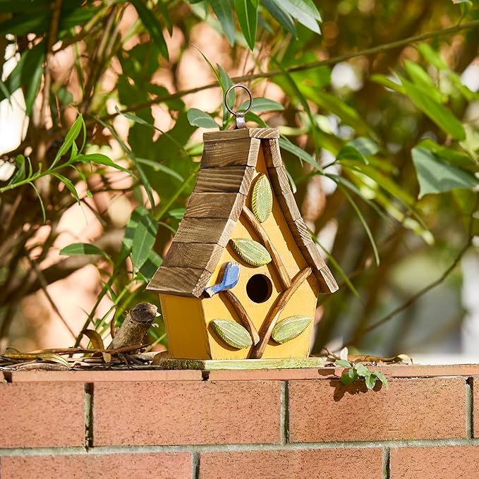 Glitzhome Bird Houses for Outside, Bluebird Houses for Outdoors, 9.5"H Hanging Bird House Decorative Solid Wood Birdhouse with Natural Wood Pallet Roof for Hummingbird,Sparrow,Wren Finch,Washed Yellow
