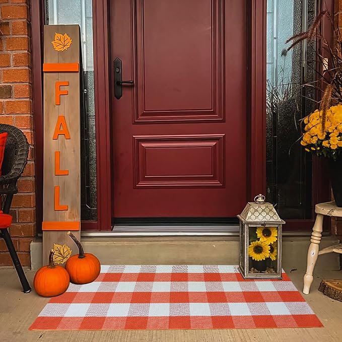 Fall Outdoor Rug Orange Buffalo Plaid Outdoor Rug Cotton Hand-Woven Buffalo Check Rug Layered Doormats for Front Door/Front Porch/Farmhouse/Entryway/Patio