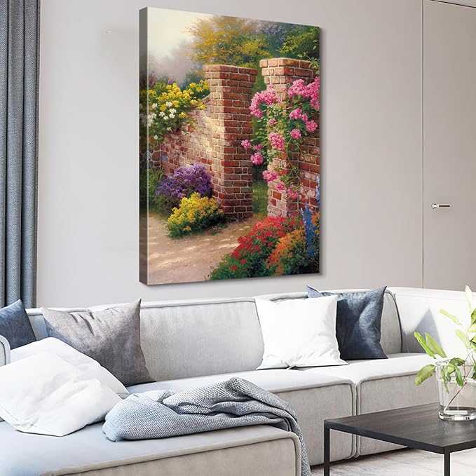STUDIO HAVEN Thomas Kinkade Canvas Wall Art, Vibrant Floral Archway Climbing Roses Colorful Blooms Rustic Charm Oil Painting Poster Outdoor Scene Wall Decor, Framed Prints for Home Decor, 20x28Inch