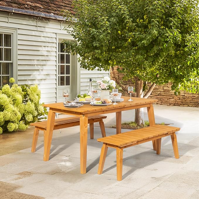 VINGLI Outdoor Wooden Bench, 45” 2-Person Backless Dining Bench, Weatherproof Outdoor Patio Bench for Porch Entryway Garden (1, Teak)
