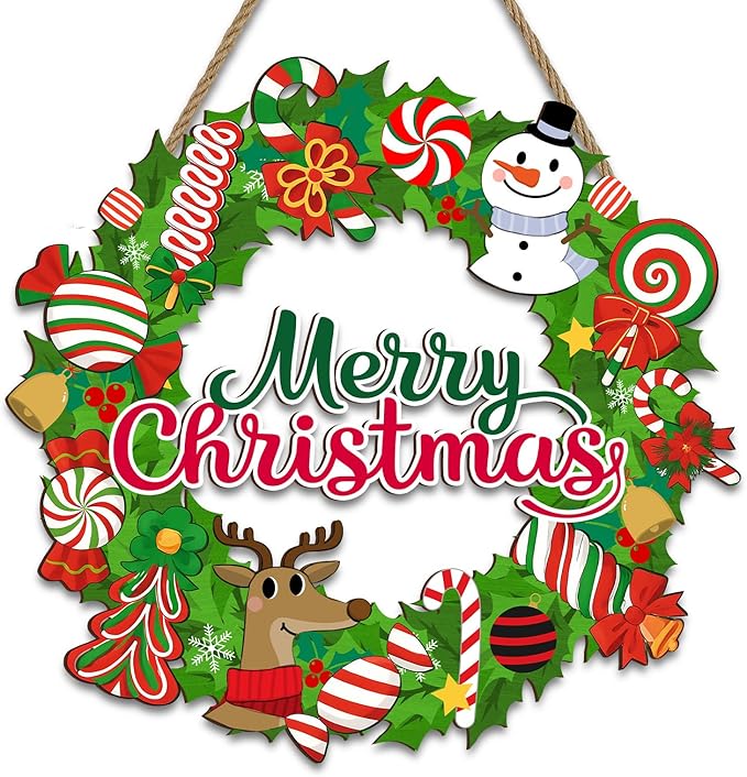 Christmas Candy Wreath Welcome Sign for Front Door Decor, Snowman Reindeer Wooden Hanging Plaque Farmhouse Rustic Outdoor Indoor Wall Decoration for Home Porch Yard Winter Decor
