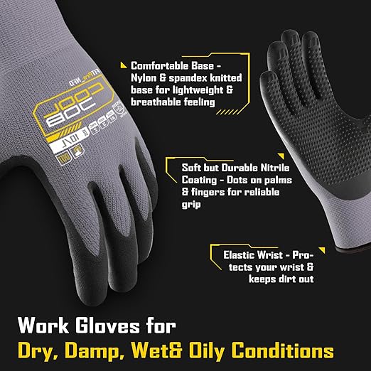COOLJOB 12 Pairs Nitrile Rubber Coated Nylon Safety Work Gloves Pack Bulk, Dotted for Non-Slip Grip, Breathable Soft Seamless Knit Nitrile Dipped Gloves for Warehouse, Home Improvement, Yard, Large