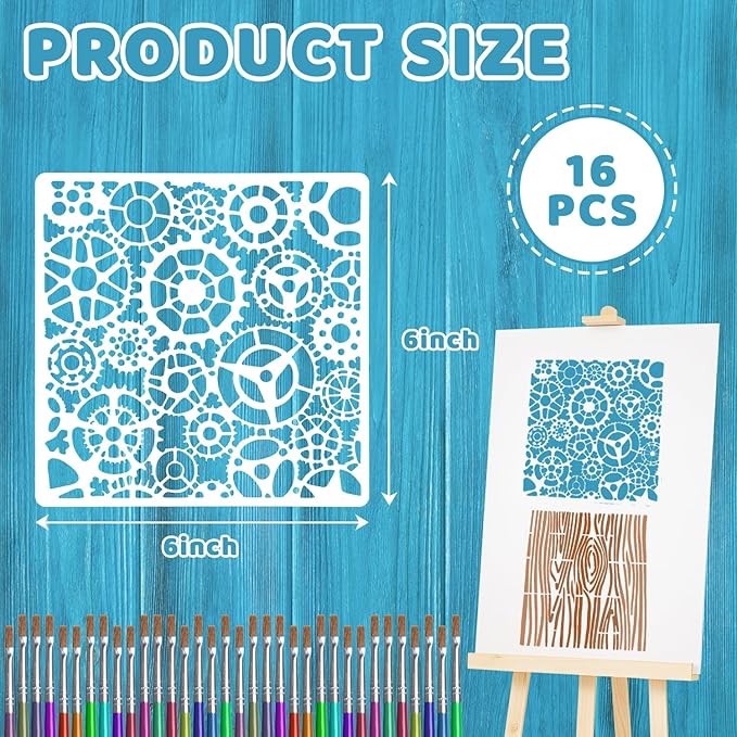 16 PCS Cubist Wood Texture Stencils, 6 Inch Texture Mixed Burlap Reusable Plastic Stencils for Painting on Wood, Geometric Cubist Layering Stencil for Wall Canvas Furniture Tile DIY Craft Home Decor