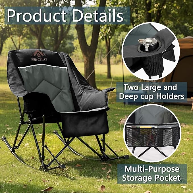 400lbs Rocking Camping Chair, Oversized Heavy Duty XL Folding Rocker for Adults, Padded High Back Big & Tall Support, with Cup Holders & Carry Bag for RV, Lawn, Patio & Sports
