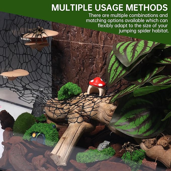 15 Pcs Jumping Spiders Hide Accessories, Jumping Spider Bridge Web Net, Mini Mountain Pond Trees Lawn Figurines Garden Mushroom Platform Decorations for Jumpings Spider Habitat Tank Enclosure Decor