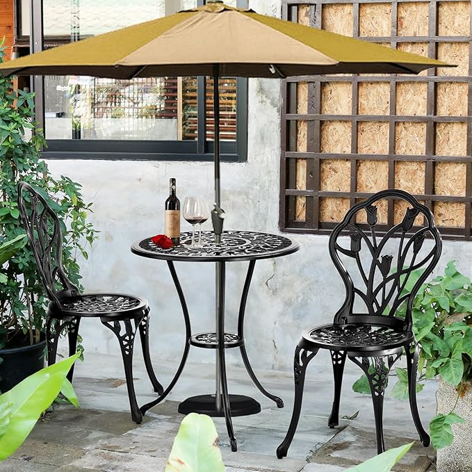 VINGLI 3 PCS Outdoor Bistro Set, Outdoor Patio Set, All-Weather Cast Aluminum Bistro Table Set, Bistro Table and Chairs Set of 2 for Backyard, Garden, Balcony (Black, Tulip)