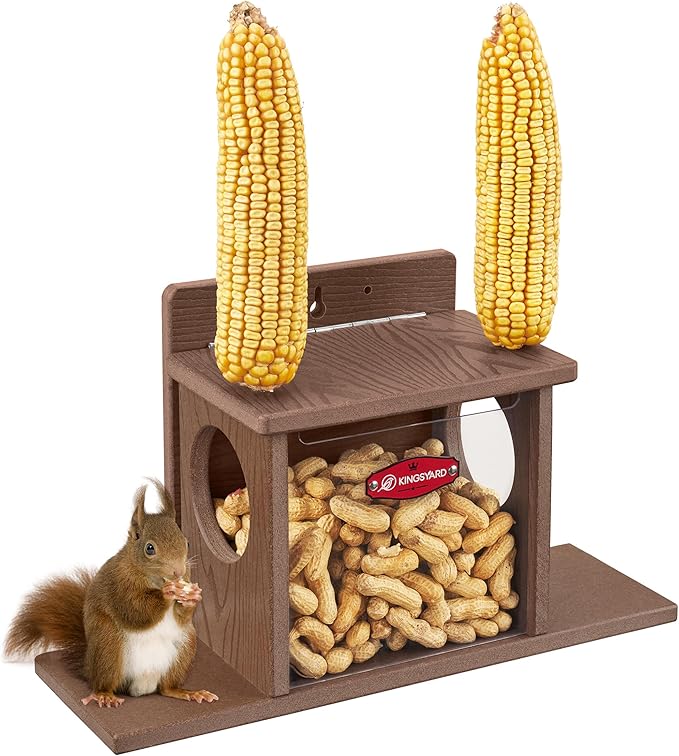 Kingsyard Squirrel Feeder Box for Outside, Recycled Plastic Squirrel Feeder Box with Corn Cob Holders, Easy to Refill & Clean, Weather-Proof (Brown)