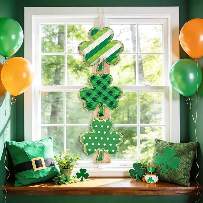 Shamrock St Patricks Day Door Decorations St. Patrick's Day Door Sign Wall Signs Decor for Front Door Shamrock Clover Wood Wreath with Burlap Irish Lucky Hanging Sign for Home Decor Party Outdoor Indoor Supply
