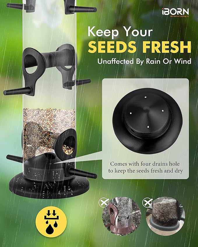 iBorn Metal Bird Feeders Black Wild Bird Feeder for Outdoors Hanging All Metal Black Finishing 15 Inch 6 Port(Seed is not Included)