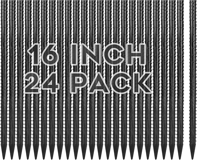 16 Inches Rebar Stakes(24pcs) Heavy Duty Straight Metal Ground Anchors with Chisel Point Ends for Timber,Concrete,Plant Support,Camping Tents,3/8 Inch Thickness Garden Stakes,Black